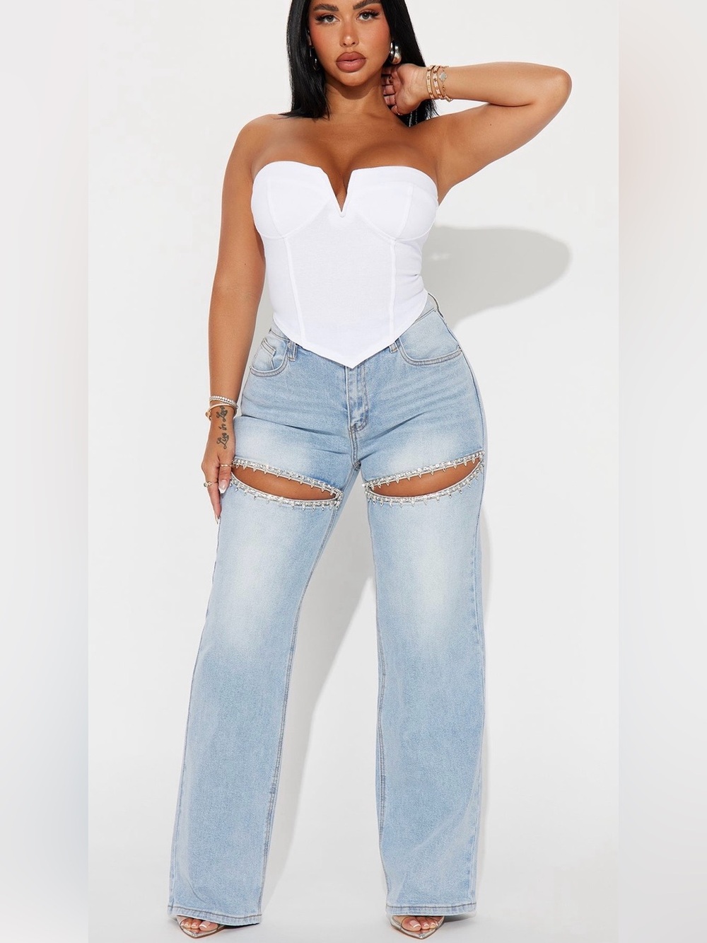 Fashion Nova Light Wash Jeans with embellished Thigh Cutouts
